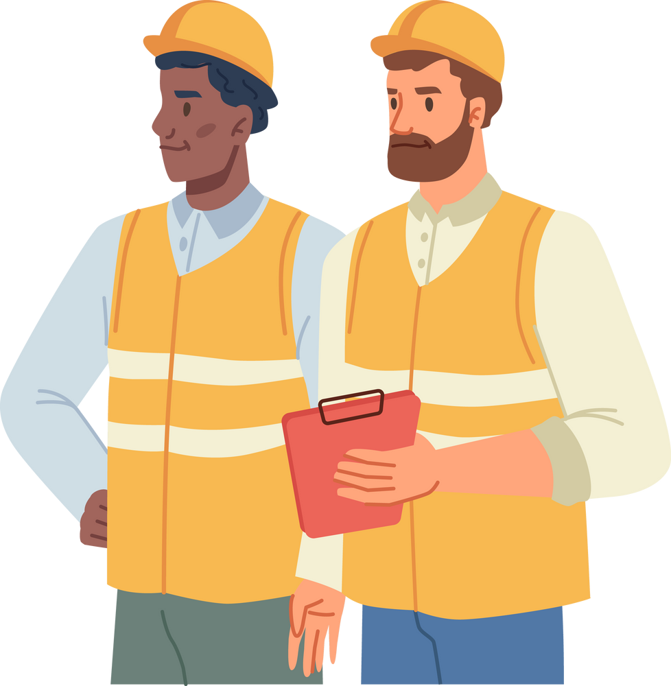 Construction Industry Workers in Helmets and Vests